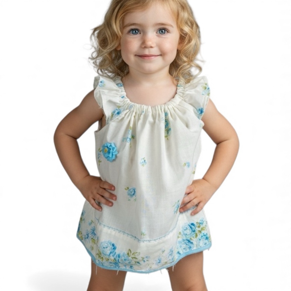 Infant Dress from VTG Pillowcase in White and Blue with Ruffled Sleeves